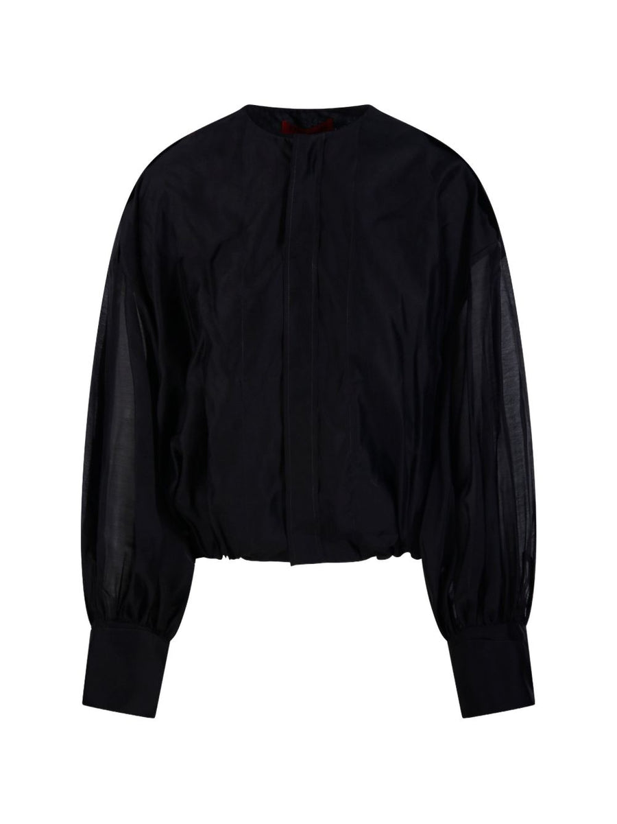 The Latest Versatile Crewneck Blouse For Women Black Panelled Shirt With Blouson Sleeves And Rear Button Closure