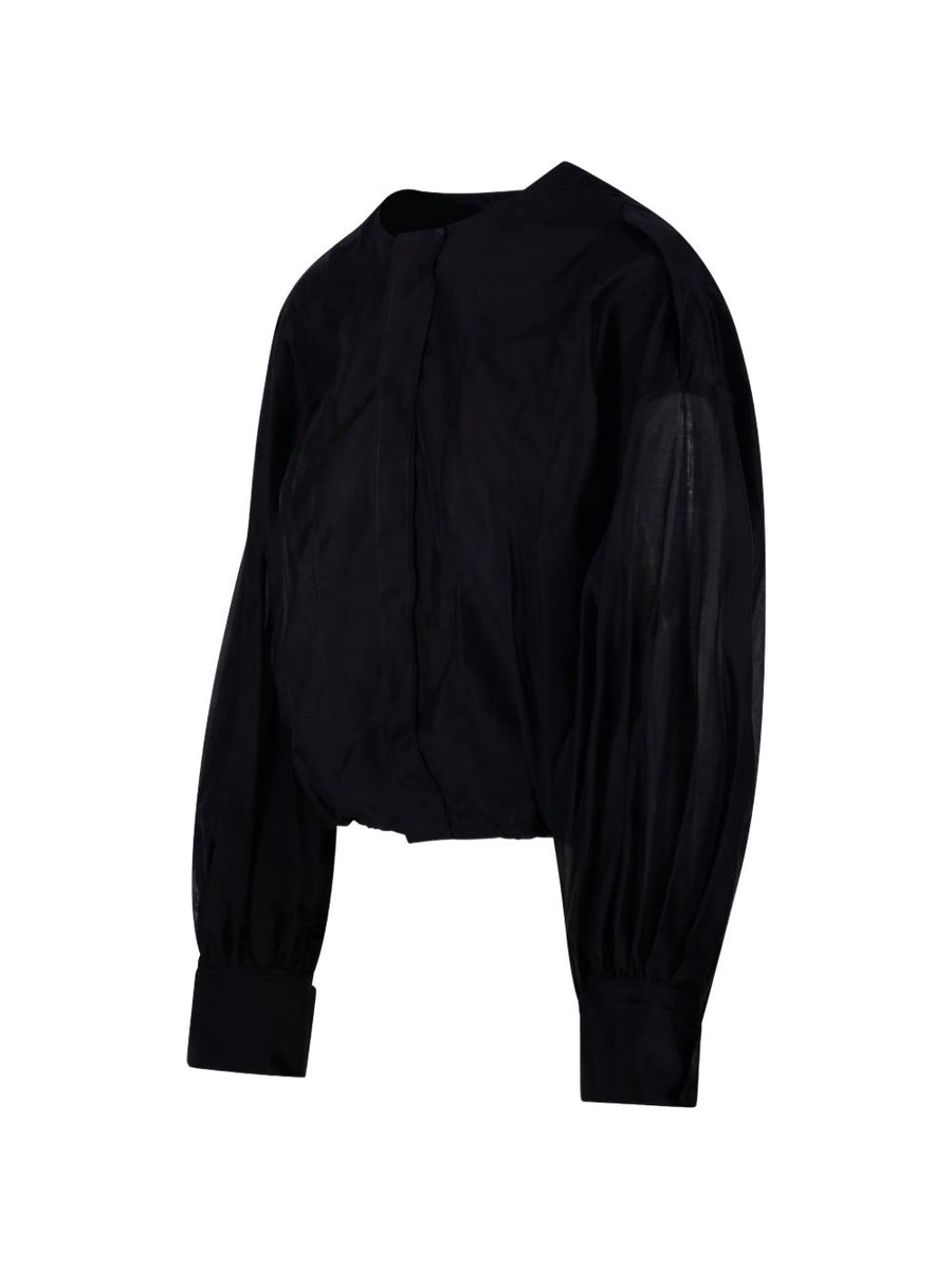 The Latest Versatile Crewneck Blouse For Women Black Panelled Shirt With Blouson Sleeves And Rear Button Closure