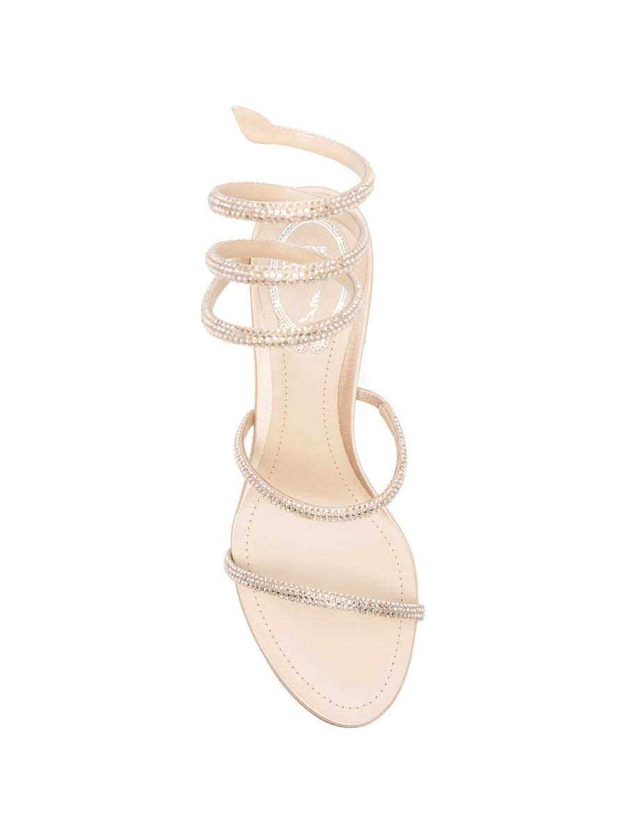 René Caovilla Cleo Beige Satin Sandals Rhinestone Embellishments For Elegant Women Spiral Strap