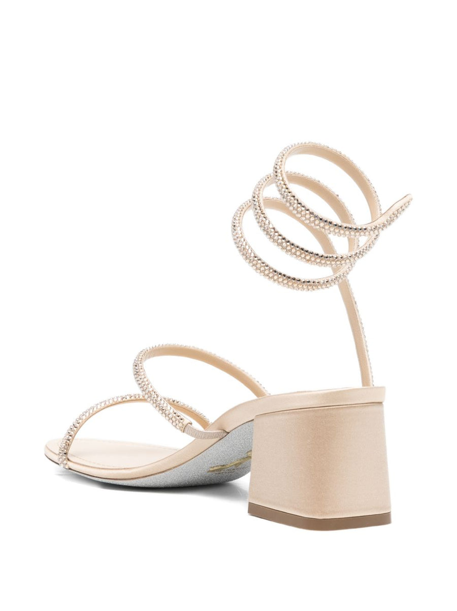René Caovilla Cleo Beige Satin Sandals Rhinestone Embellishments For Elegant Women Spiral Strap