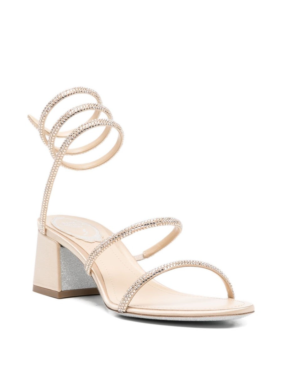 René Caovilla Cleo Beige Satin Sandals Rhinestone Embellishments For Elegant Women Spiral Strap