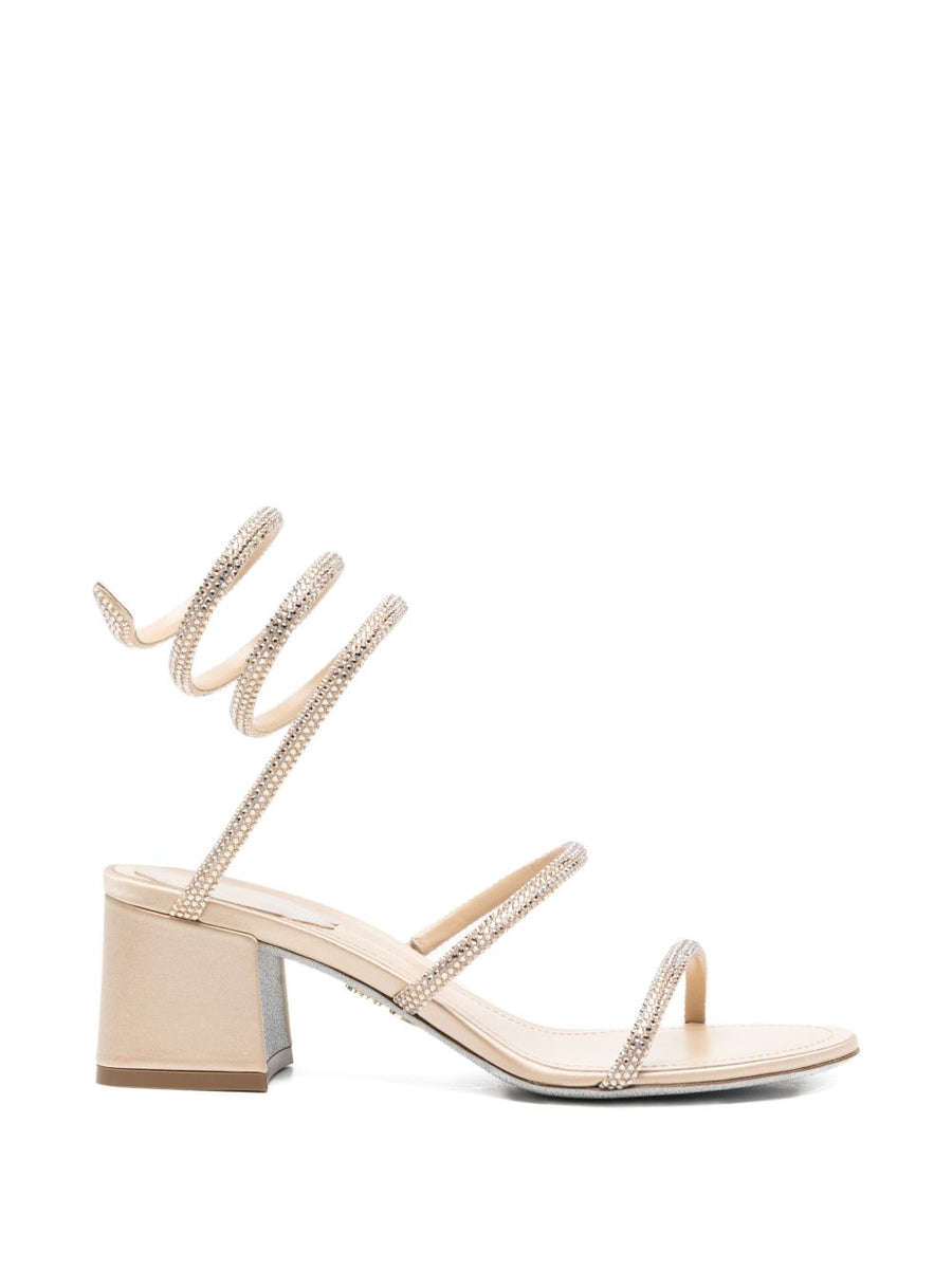 René Caovilla Cleo Beige Satin Sandals Rhinestone Embellishments For Elegant Women Spiral Strap