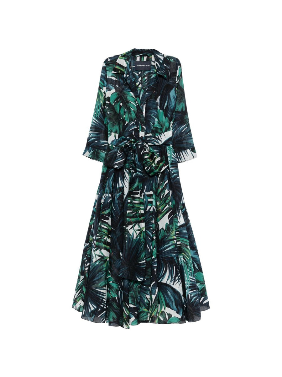 Samantha Sung Aster Print Luxurious Cotton Midi Dress With Tie Waist Button Front For Women