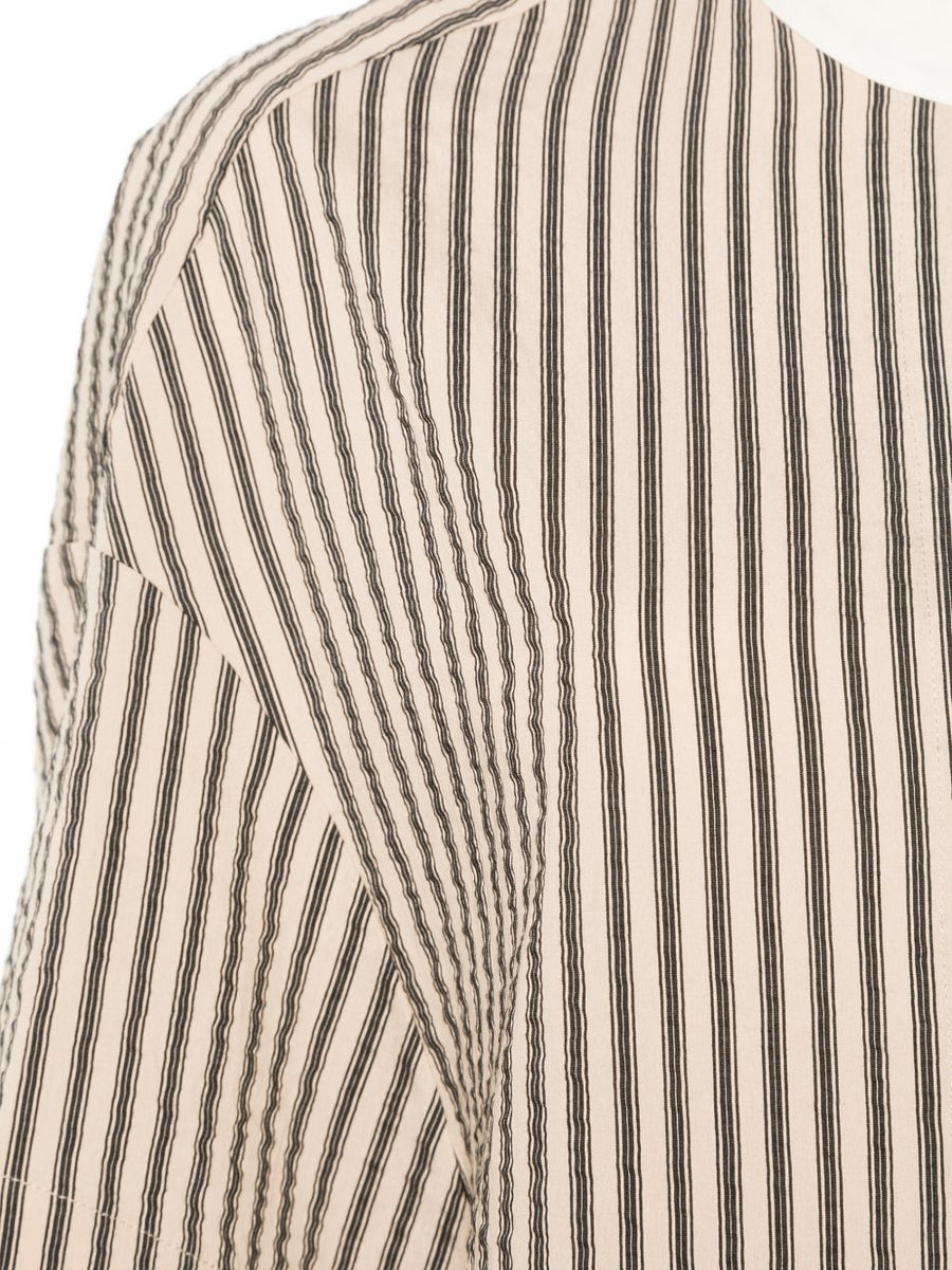 Alysi Cotton Blend Striped Dress For Women Versatile Workday To Weekend Wear Beige Band Collar Drapey Silhouette