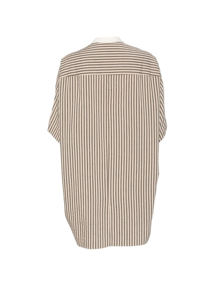 Alysi Cotton Blend Striped Dress For Women Versatile Workday To Weekend Wear Beige Band Collar Drapey Silhouette