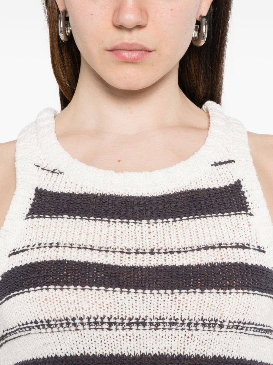 Iro Miyana Striped Mini Dress for Women Navy Fringe Trim Cotton Blend Sleeveless Racerback Chic