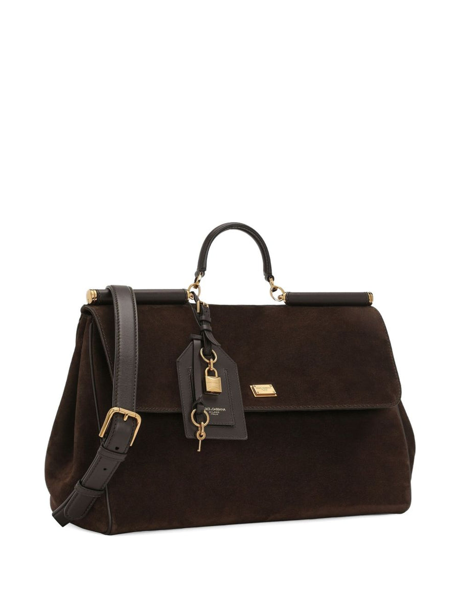 Dolce And Gabbana My Sicily Large Handbag Calf Suede Dark Brown Everyday Luxury Gold Hardware For Women