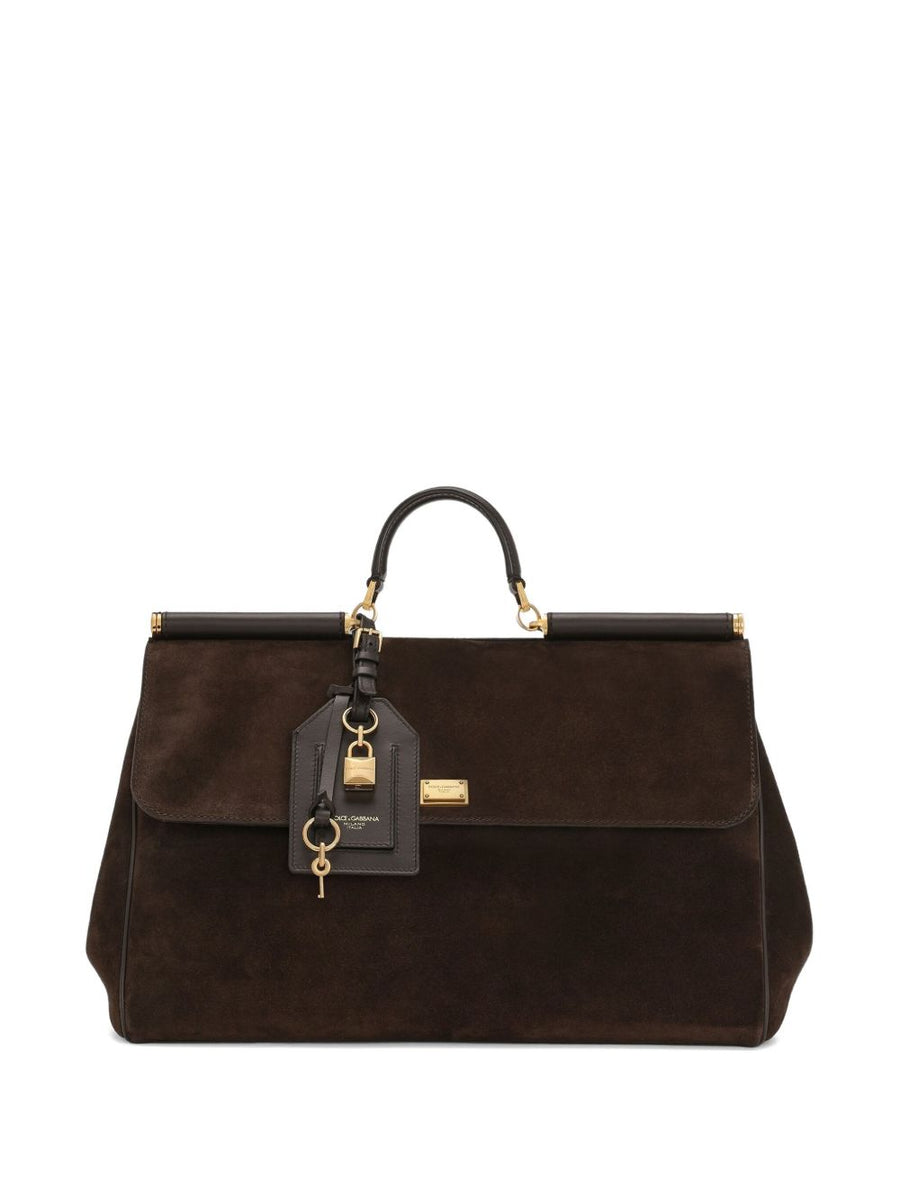 Dolce And Gabbana My Sicily Large Handbag Calf Suede Dark Brown Everyday Luxury Gold Hardware For Women