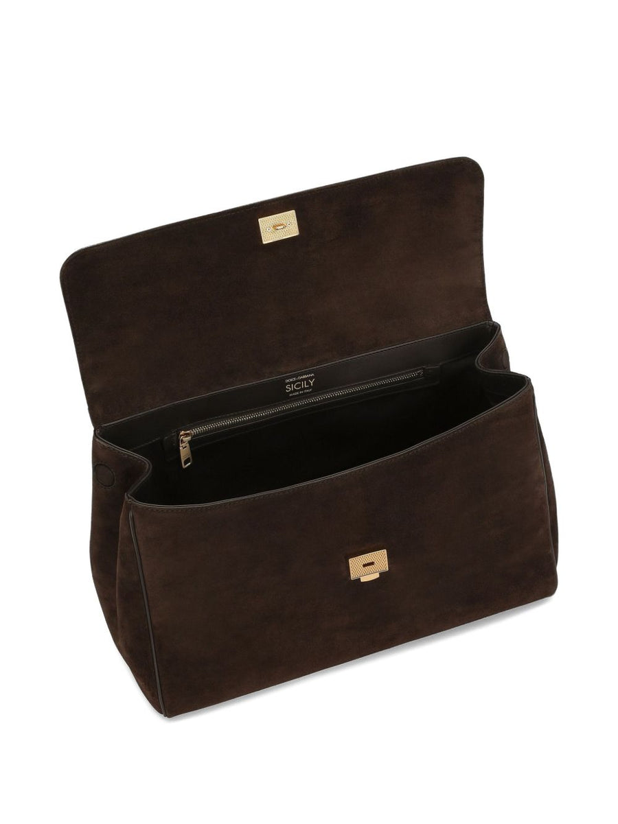 Dolce And Gabbana My Sicily Large Handbag Calf Suede Dark Brown Everyday Luxury Gold Hardware For Women