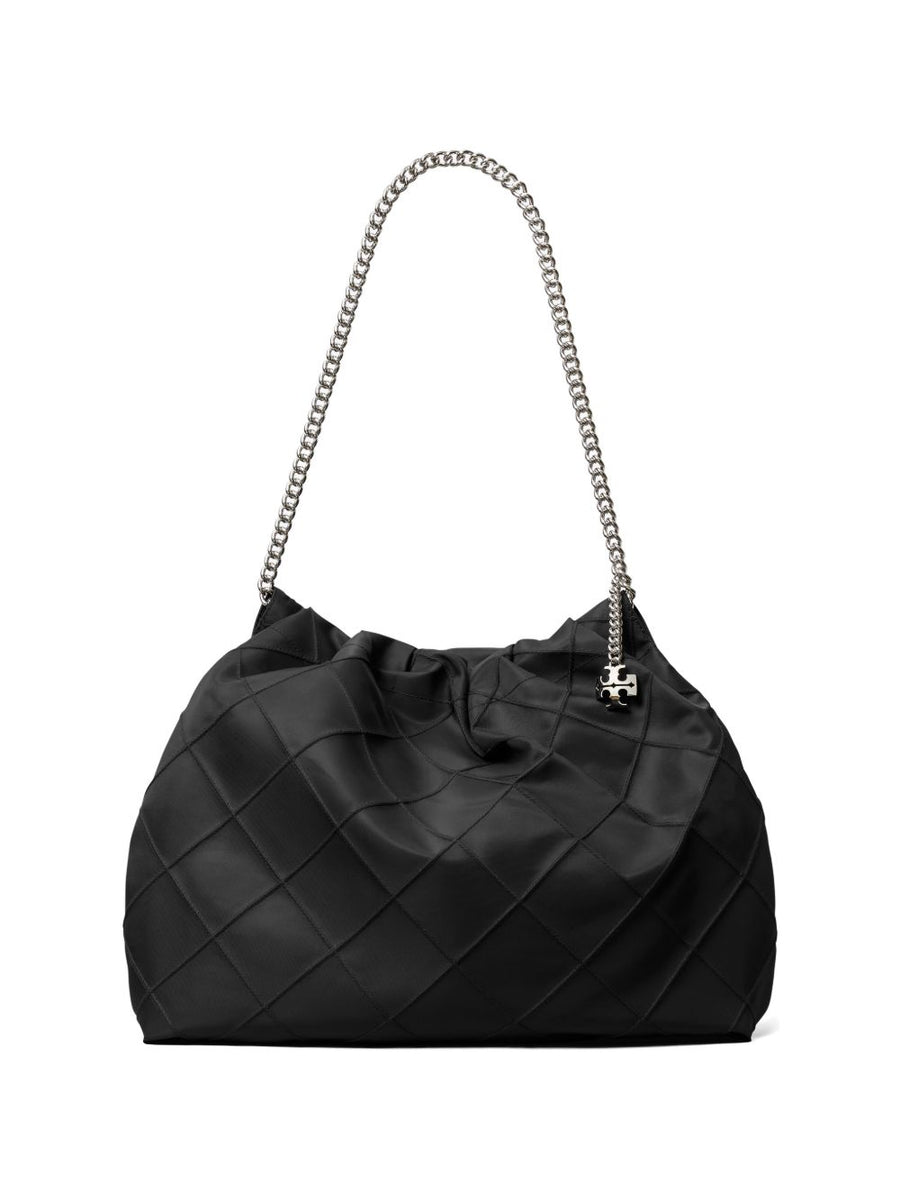 Tory Burch Fleming Nylon Hobo Bag For Women Sustainable Recycled Nylon Napa Leather Trim Double T Charm Double Chain Strap