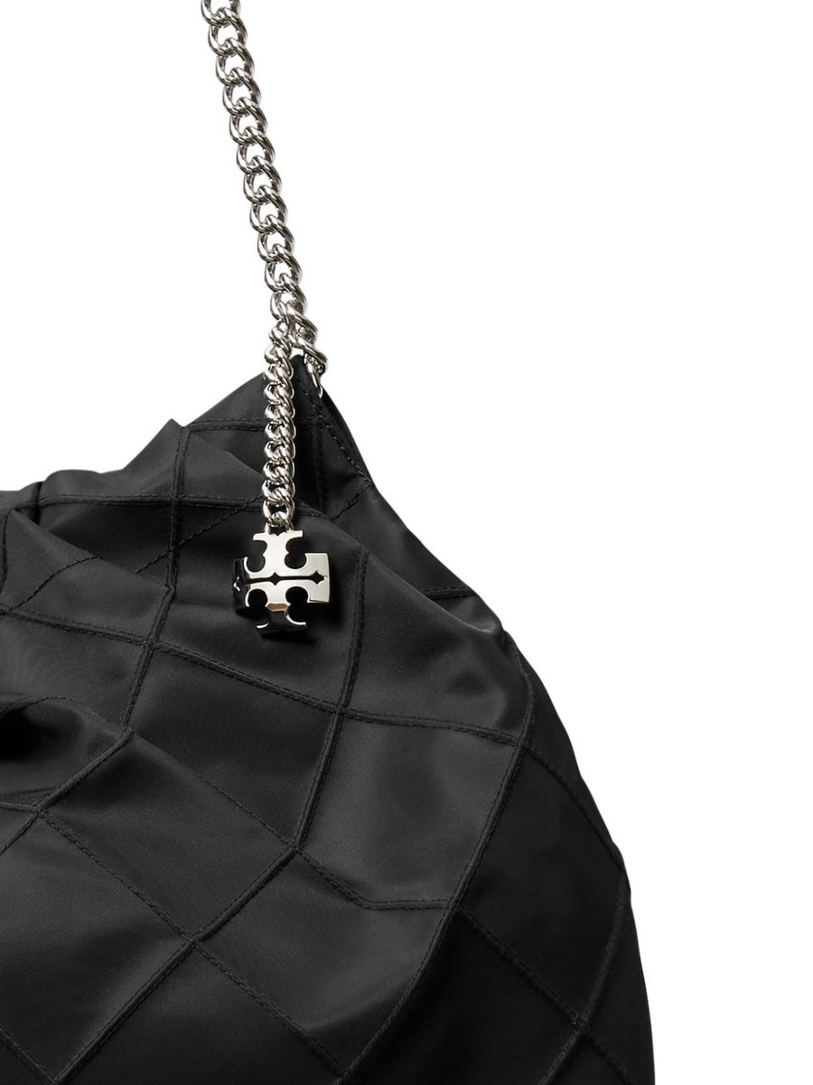 Tory Burch Fleming Nylon Hobo Bag For Women Sustainable Recycled Nylon Napa Leather Trim Double T Charm Double Chain Strap