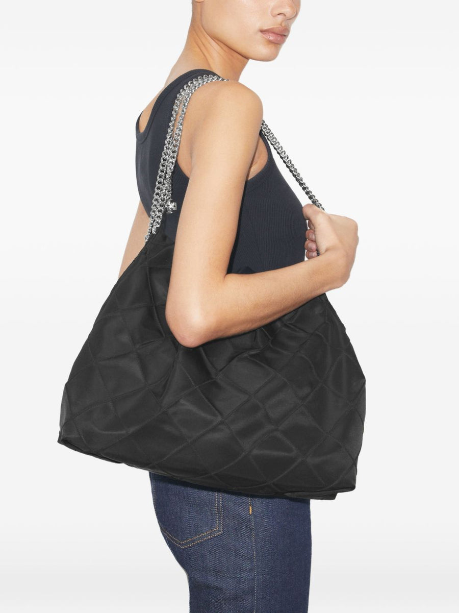 Tory Burch Fleming Nylon Hobo Bag For Women Sustainable Recycled Nylon Napa Leather Trim Double T Charm Double Chain Strap