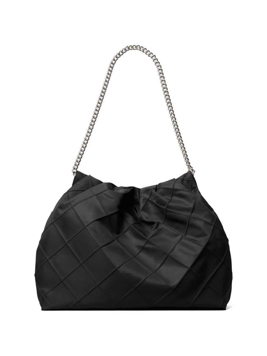 Tory Burch Fleming Nylon Hobo Bag For Women Sustainable Recycled Nylon Napa Leather Trim Double T Charm Double Chain Strap