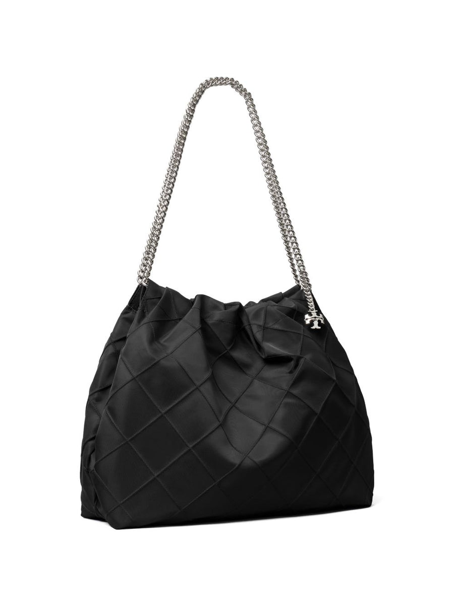 Tory Burch Fleming Nylon Hobo Bag For Women Sustainable Recycled Nylon Napa Leather Trim Double T Charm Double Chain Strap