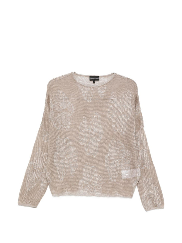 Emporio Armani Embroidered Crewneck Sweater For Women With Soft Draped Knit Beige Topwear