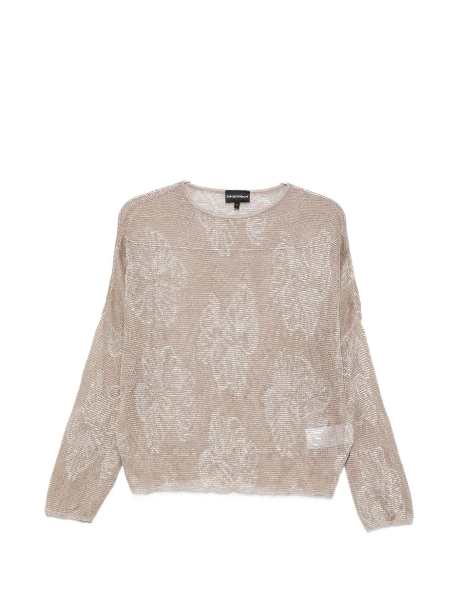 Emporio Armani Embroidered Crewneck Sweater For Women With Soft Draped Knit Beige Topwear