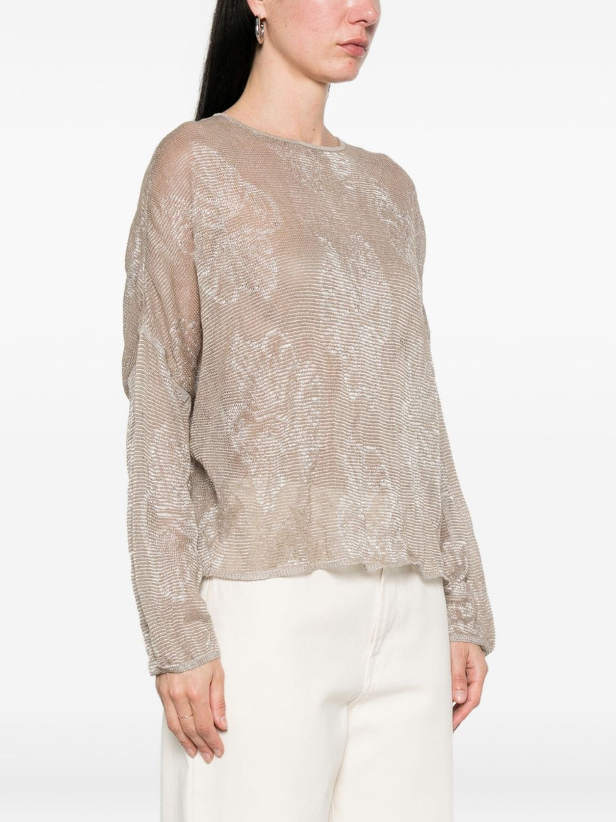 Emporio Armani Embroidered Crewneck Sweater For Women With Soft Draped Knit Beige Topwear