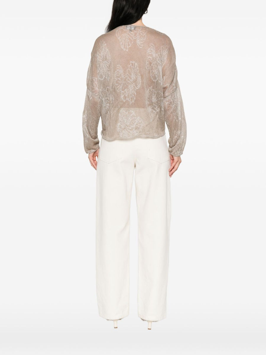 Emporio Armani Embroidered Crewneck Sweater For Women With Soft Draped Knit Beige Topwear