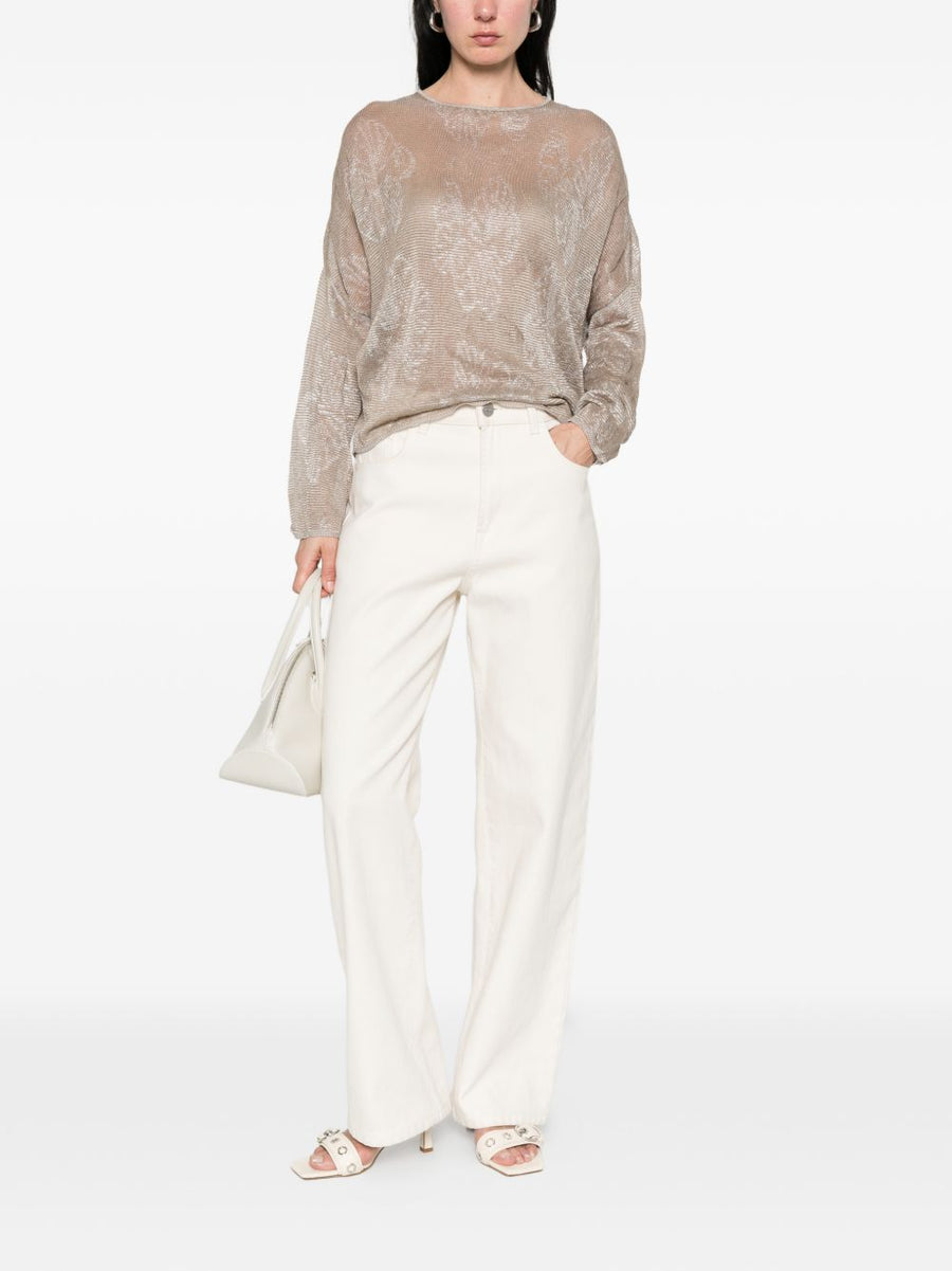 Emporio Armani Embroidered Crewneck Sweater For Women With Soft Draped Knit Beige Topwear