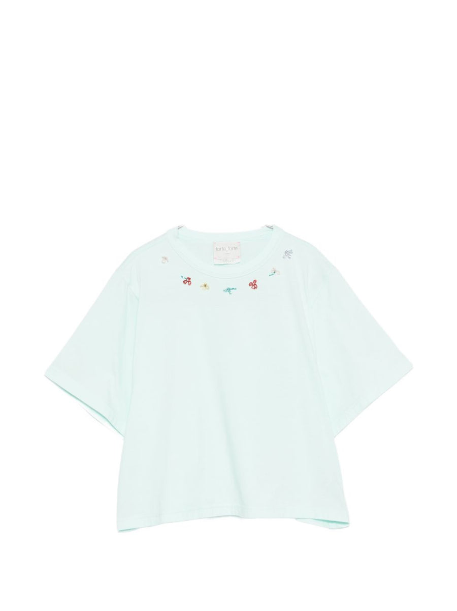 Forte Forte Embroidered Cotton T Shirt For Women Aqua Green Floral Embroidery Light Blue