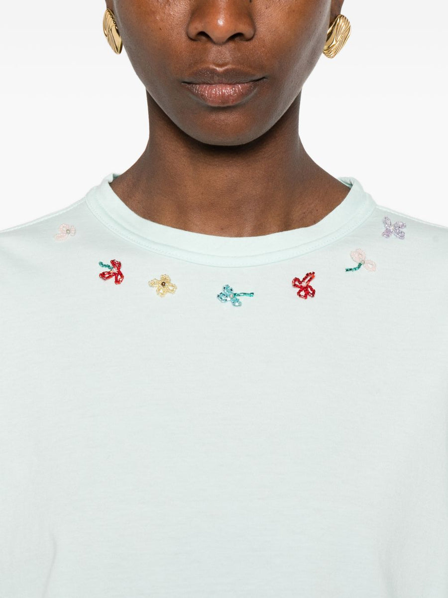 Forte Forte Embroidered Cotton T Shirt For Women Aqua Green Floral Embroidery Light Blue