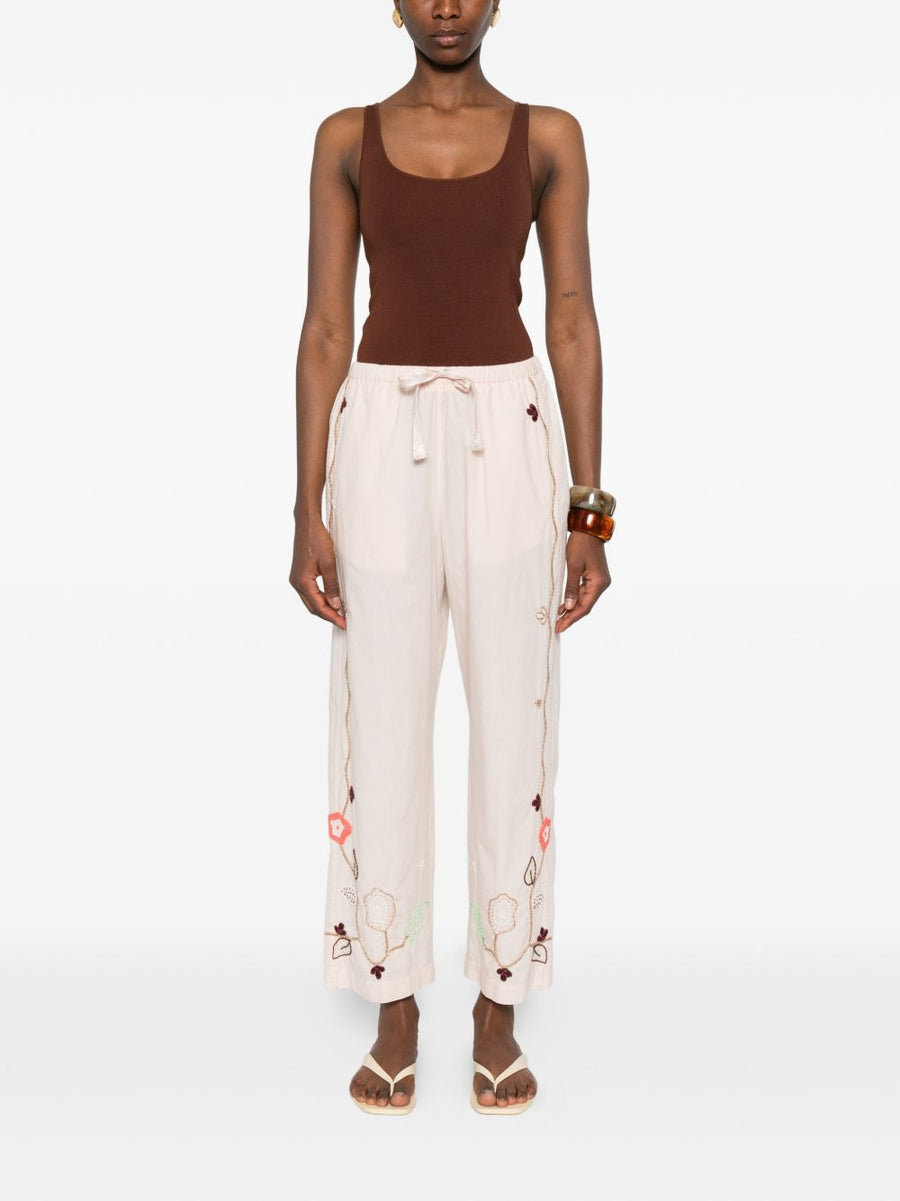 Forte Forte Powder Pink Embroidered Cotton Trousers For Women With Drawstring Luxurious Quiet Luxury