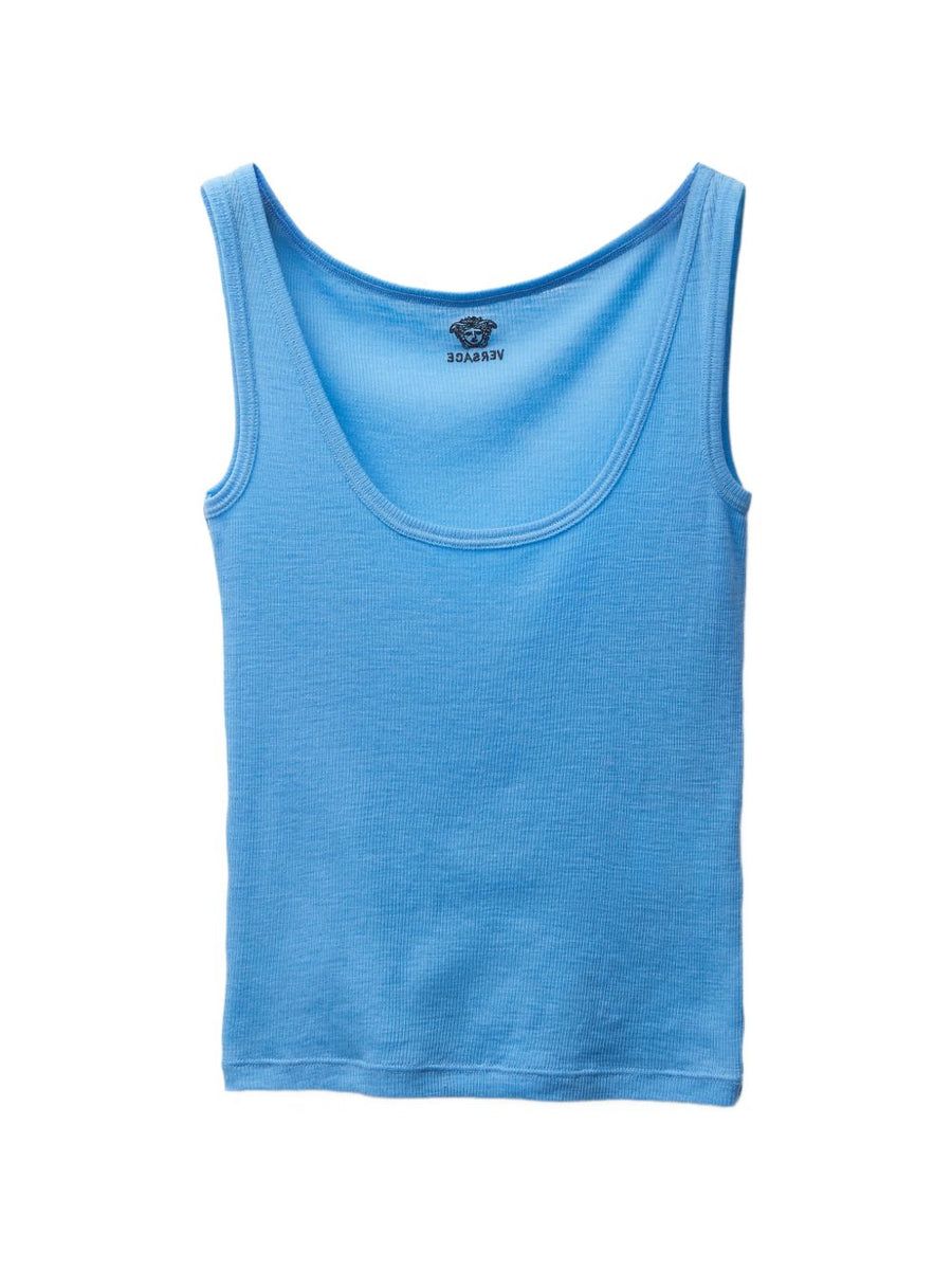 Versace Medusa Tank Top for Women Sky Blue Polyester Ribbed Knit Sleeveless Luxury Top