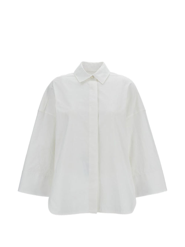 Alberto Biani Cotton Shirt For Women Boxy Fit White Three Quarter Sleeves Point Collar With Button Front Versatile