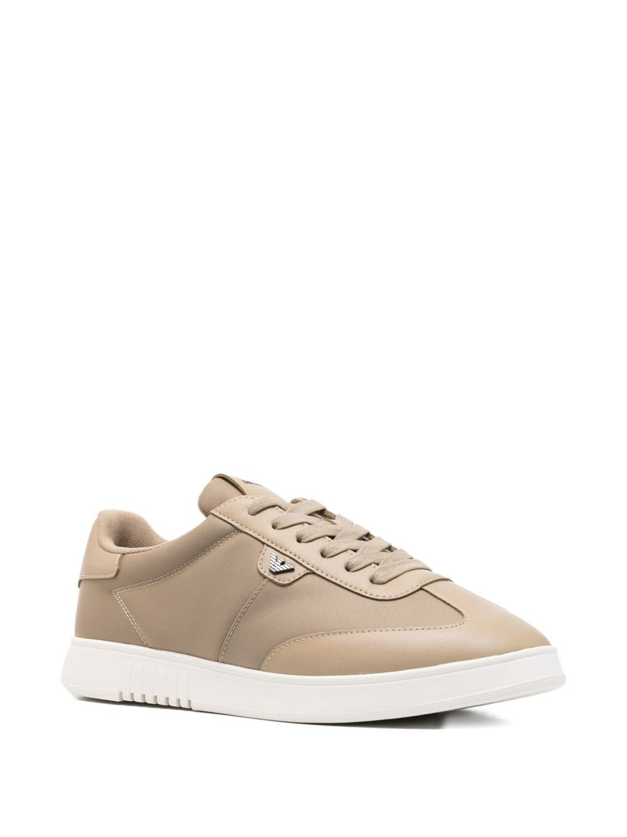 Emporio Armani Leather Sneakers For Men With Premium Beige Leather Subtle Logo And Versatile Smart Casual