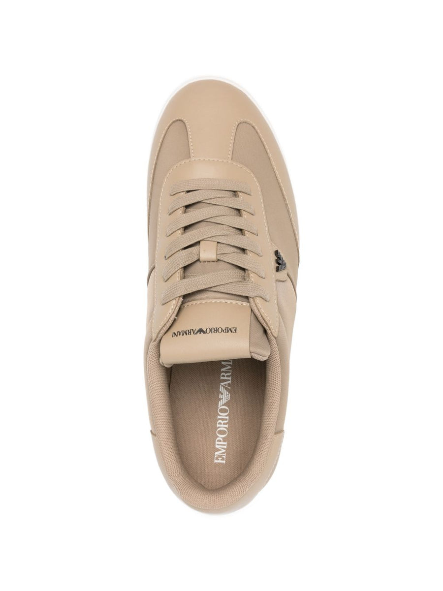Emporio Armani Leather Sneakers For Men With Premium Beige Leather Subtle Logo And Versatile Smart Casual