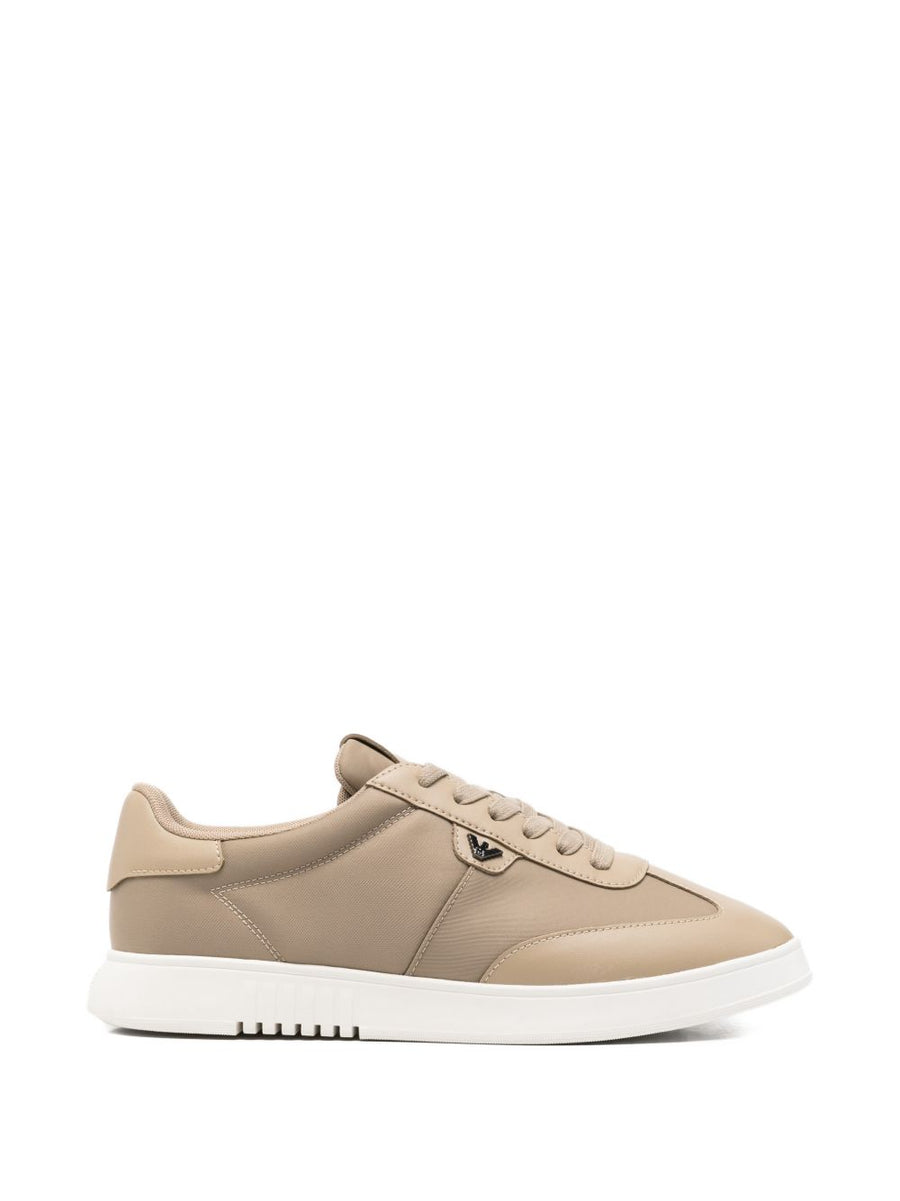 Emporio Armani Leather Sneakers For Men With Premium Beige Leather Subtle Logo And Versatile Smart Casual