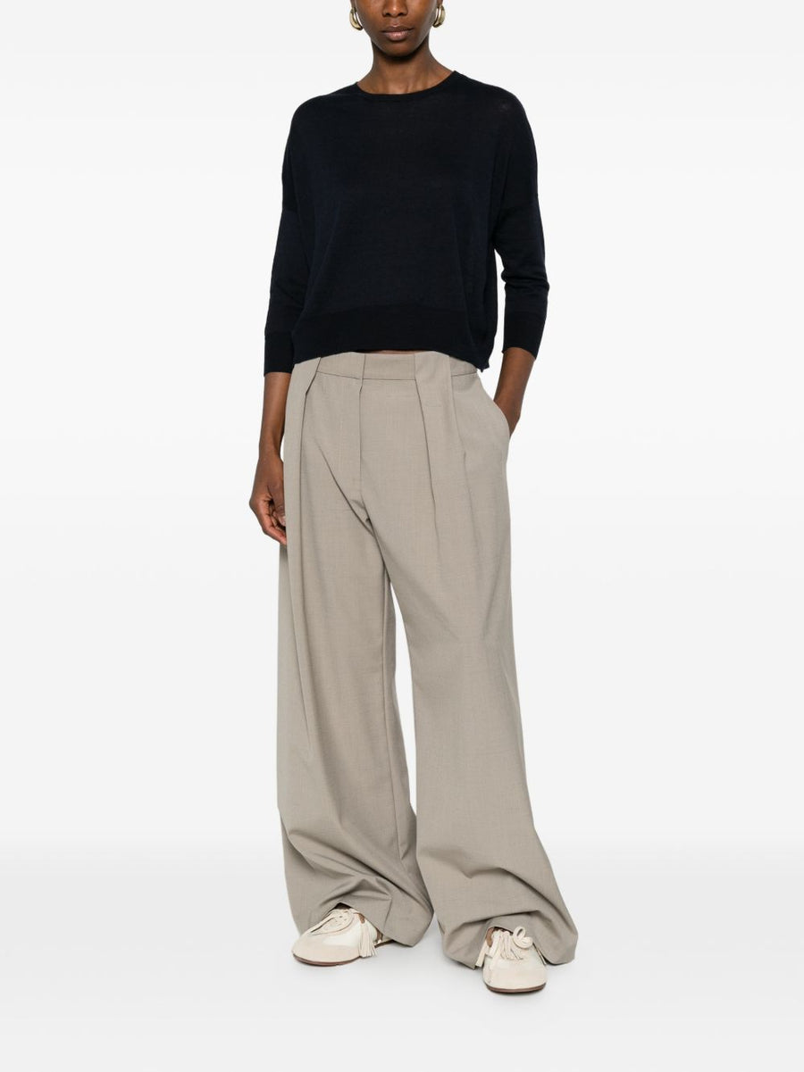 Base Blue Linen Cotton Blend Sweater for Women Lightweight Breathable Crew Neck Top with Versatile Silhouette