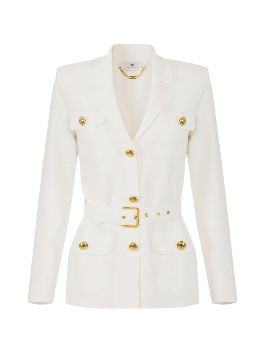 Elisabetta Franchi Belted Single Breasted Ivory Jacket For Women Polished Office To Evening