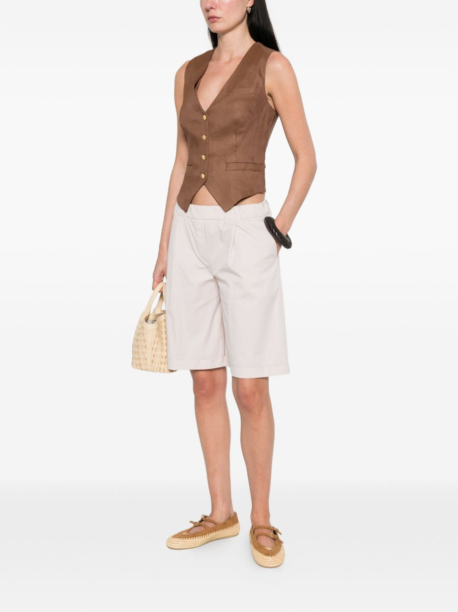 Via Masini 80 Lightweight Cotton Bermuda Shorts For Women With Pleated Front And Elastic Waistband Beige