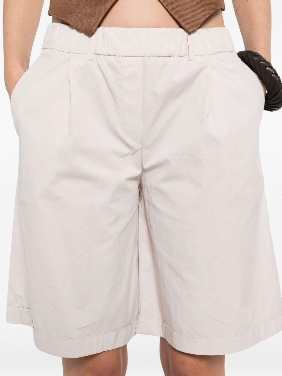 Via Masini 80 Lightweight Cotton Bermuda Shorts For Women With Pleated Front And Elastic Waistband Beige
