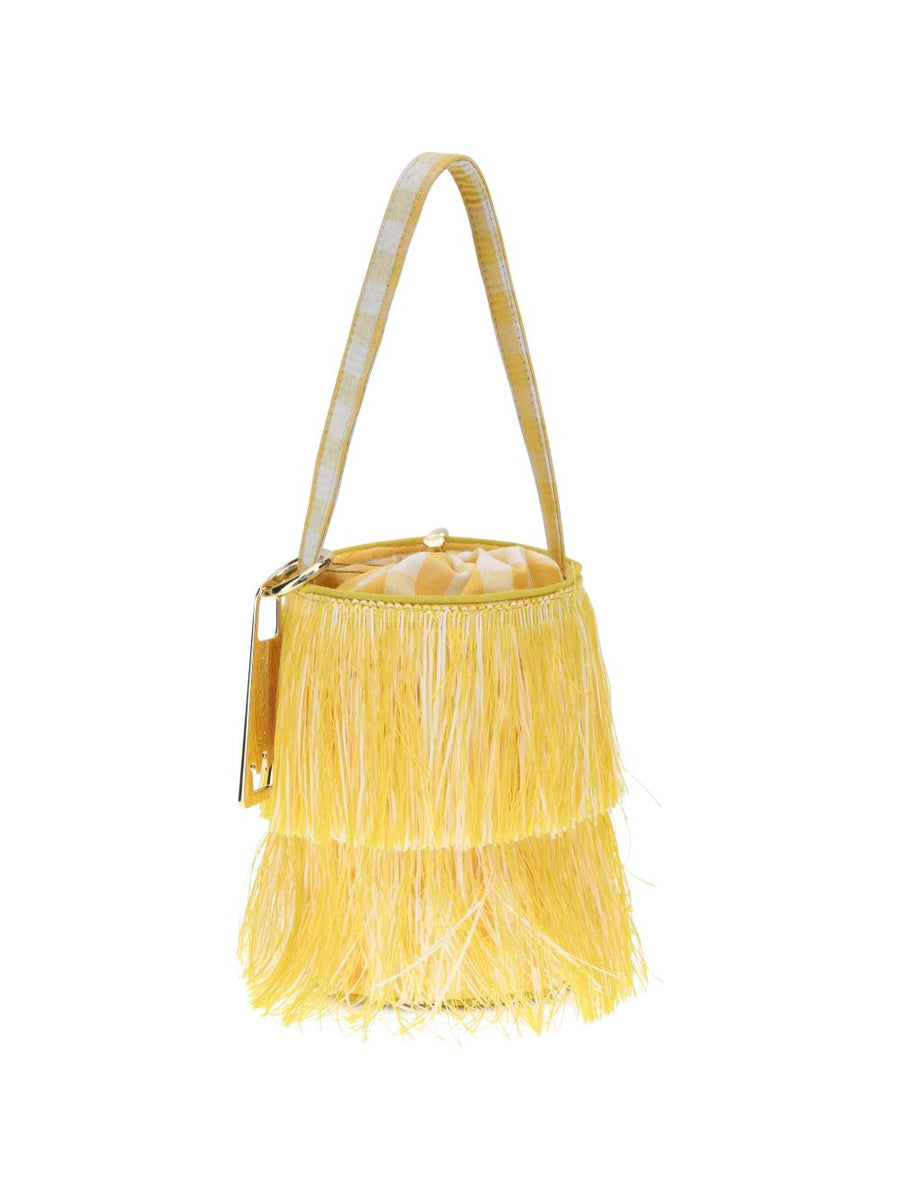 La Milanesa Anemone Bucket Bag Yellow Striped Fringe Top Handle For Fashion Forward Women