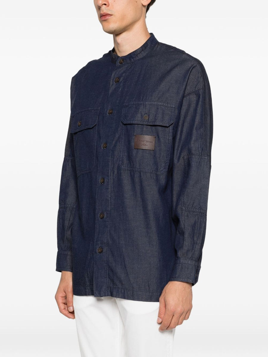 Emporio Armani Navy Denim Shirt for Men With Cotton Lyocell Linen Blend and Tailored Fit