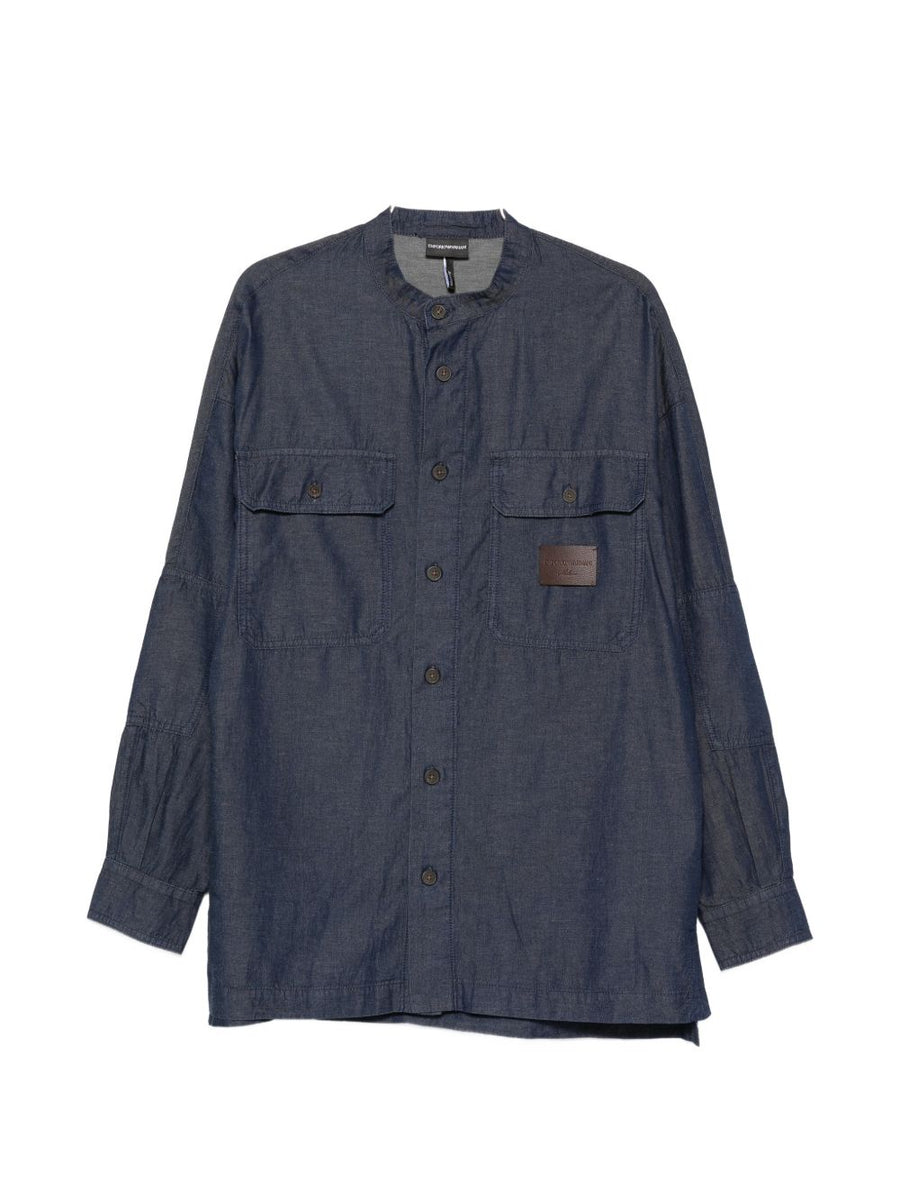 Emporio Armani Navy Denim Shirt for Men With Cotton Lyocell Linen Blend and Tailored Fit