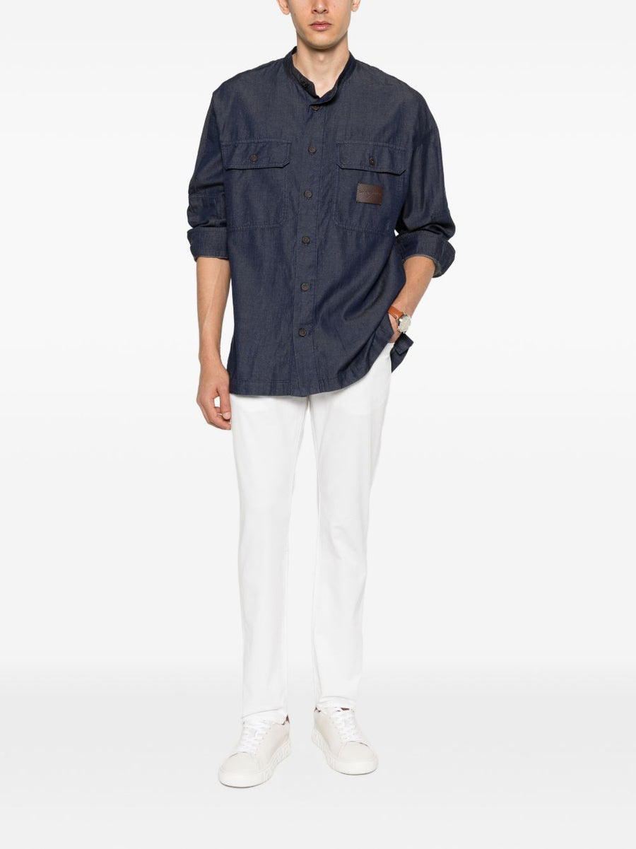 Emporio Armani Navy Denim Shirt for Men With Cotton Lyocell Linen Blend and Tailored Fit