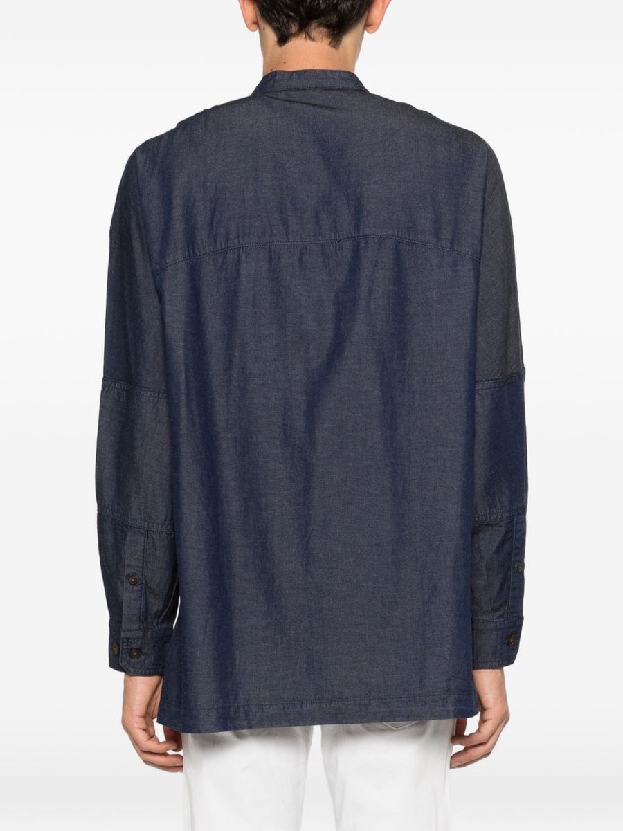 Emporio Armani Navy Denim Shirt for Men With Cotton Lyocell Linen Blend and Tailored Fit