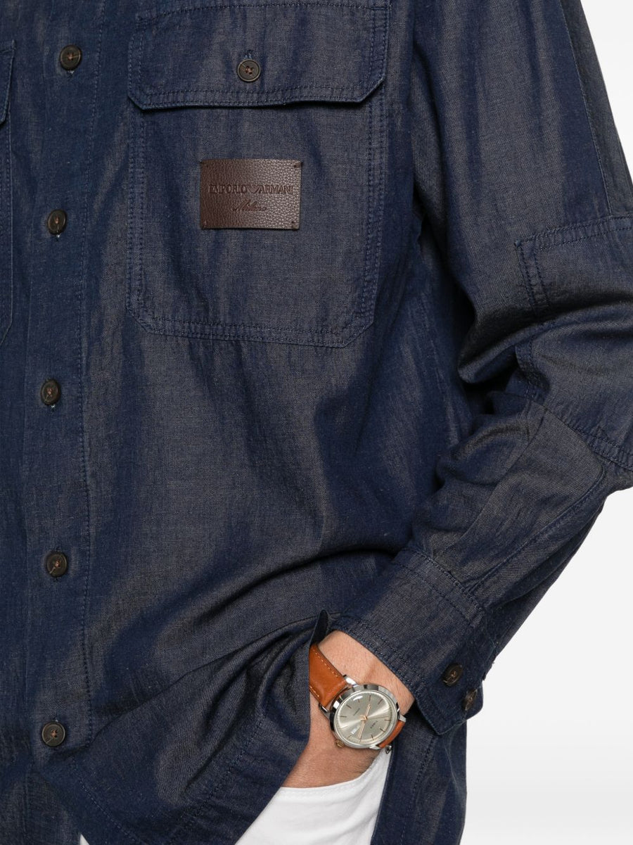 Emporio Armani Navy Denim Shirt for Men With Cotton Lyocell Linen Blend and Tailored Fit