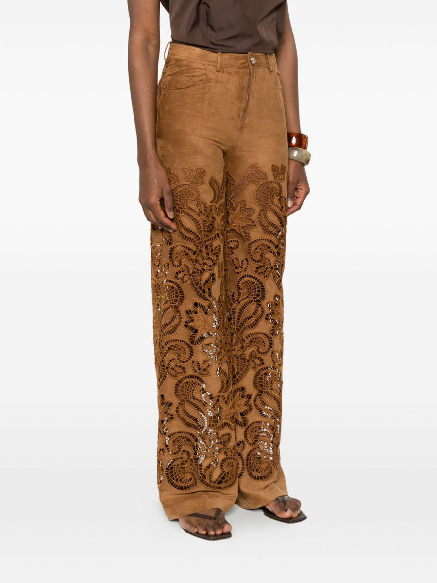 Ermanno Firenze Suede Leather Effect Trousers For Women With Luxurious Stretch Five Pockets Brown