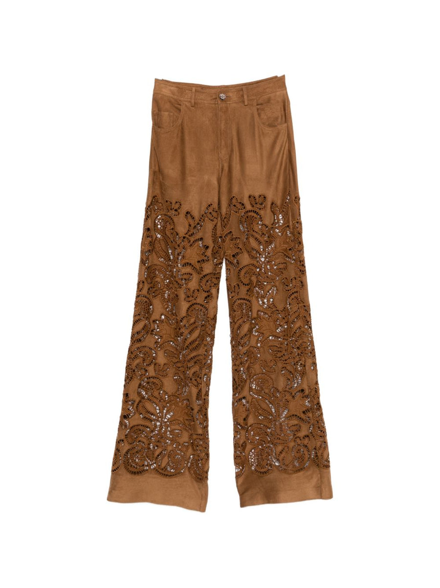 Ermanno Firenze Suede Leather Effect Trousers For Women With Luxurious Stretch Five Pockets Brown