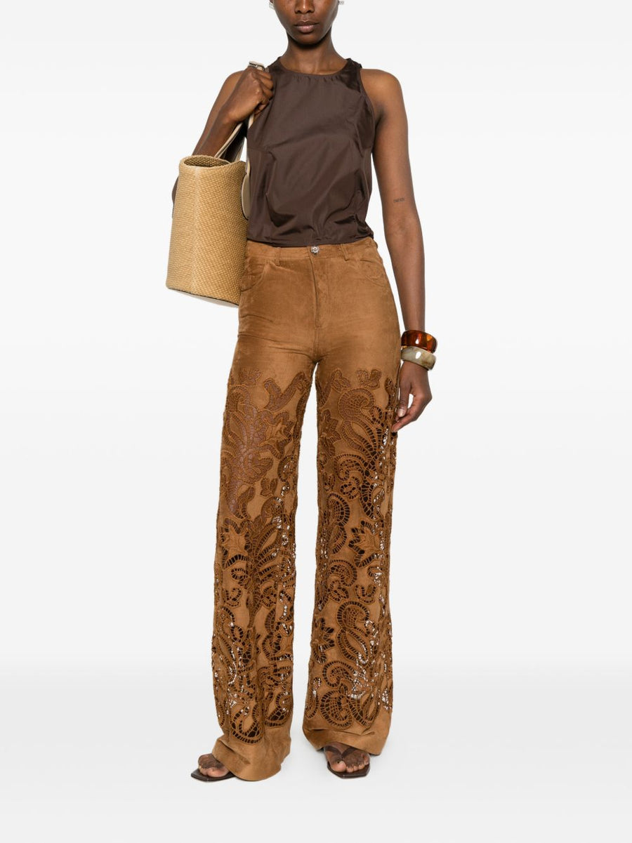 Ermanno Firenze Suede Leather Effect Trousers For Women With Luxurious Stretch Five Pockets Brown