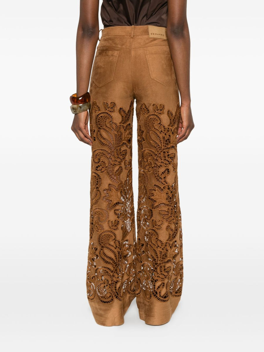 Ermanno Firenze Suede Leather Effect Trousers For Women With Luxurious Stretch Five Pockets Brown