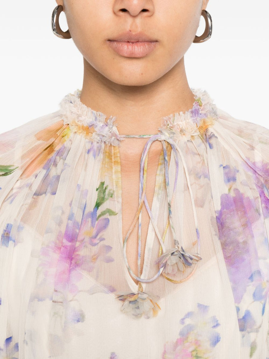 Zimmermann Luna Printed Blouse For Women Elegant Cream Ecru Base Floral Resort Wear Lightweight Viscose