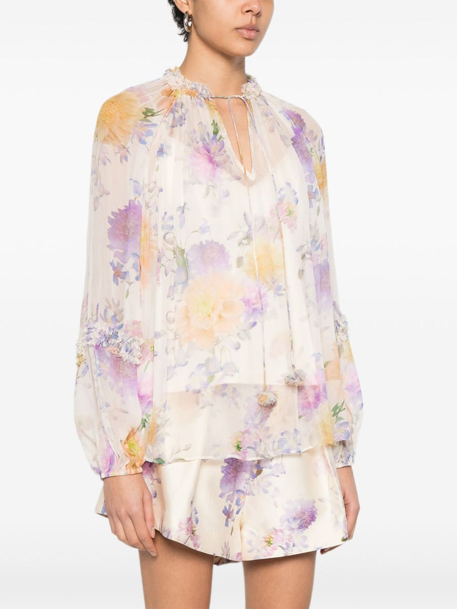 Zimmermann Luna Printed Blouse For Women Elegant Cream Ecru Base Floral Resort Wear Lightweight Viscose