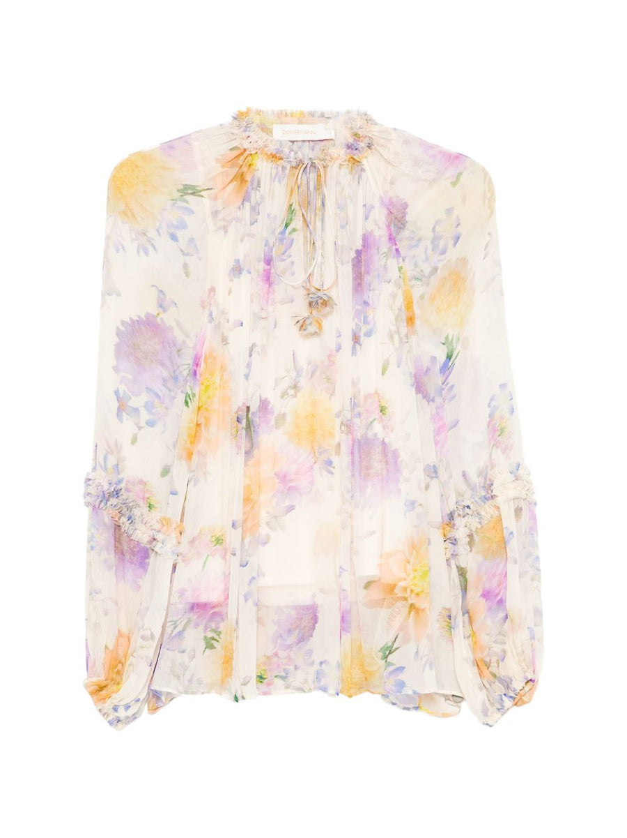 Zimmermann Luna Printed Blouse For Women Elegant Cream Ecru Base Floral Resort Wear Lightweight Viscose