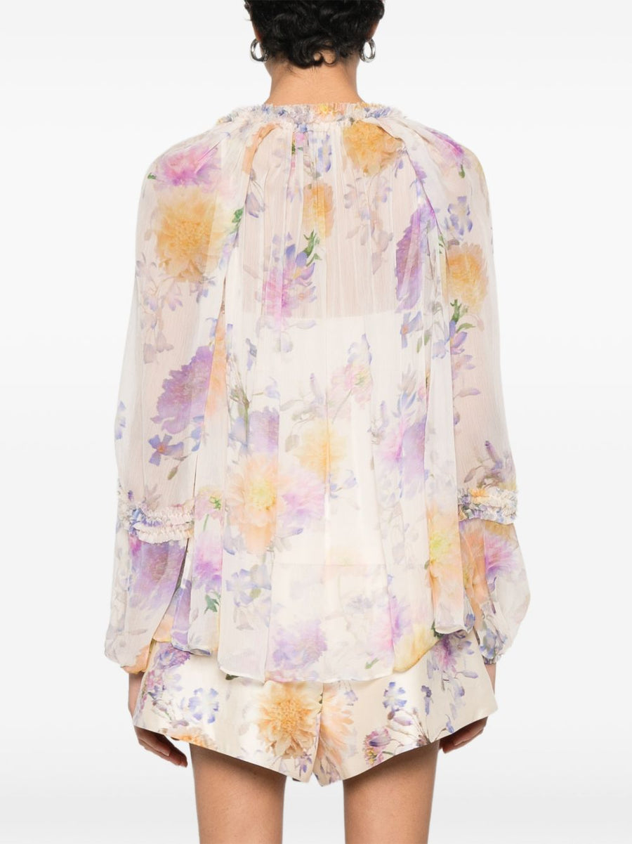 Zimmermann Luna Printed Blouse For Women Elegant Cream Ecru Base Floral Resort Wear Lightweight Viscose