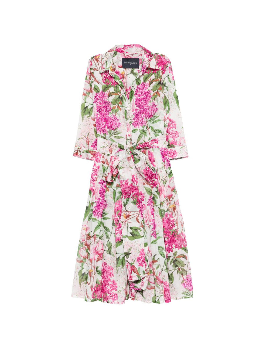 Samantha Sung Audrey Cotton Midi Dress For Women Chic Pink Floral Print Shirt Dress 100 Percent Cotton